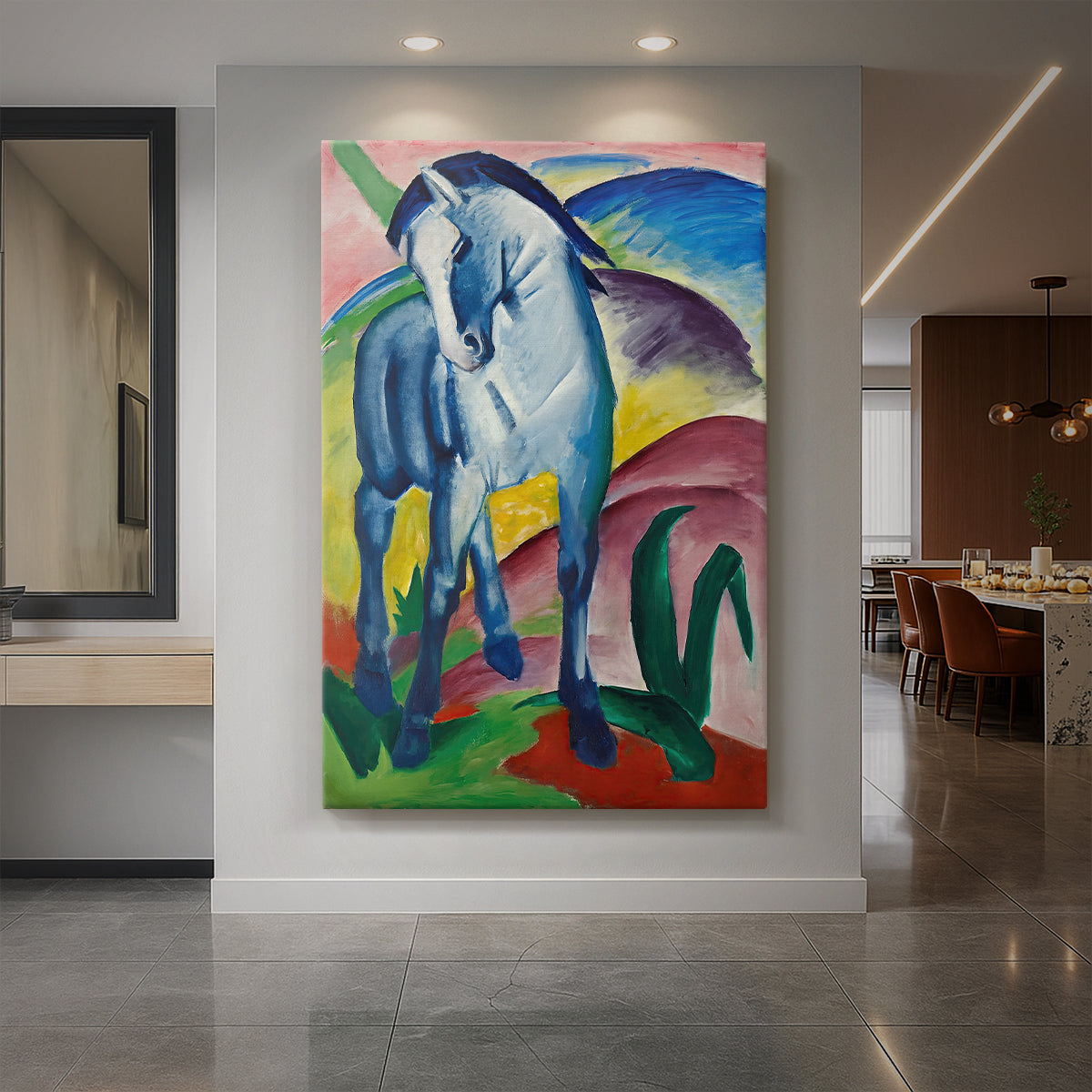 Canvas art print of an expressionist portrait of a blue horse with simplified curved forms displayed as a statement piece in a spacious interior.