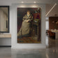 Canvas art print of a realistic portrait of a woman in formal attire with a composed expression displayed as a statement piece in a spacious interior.