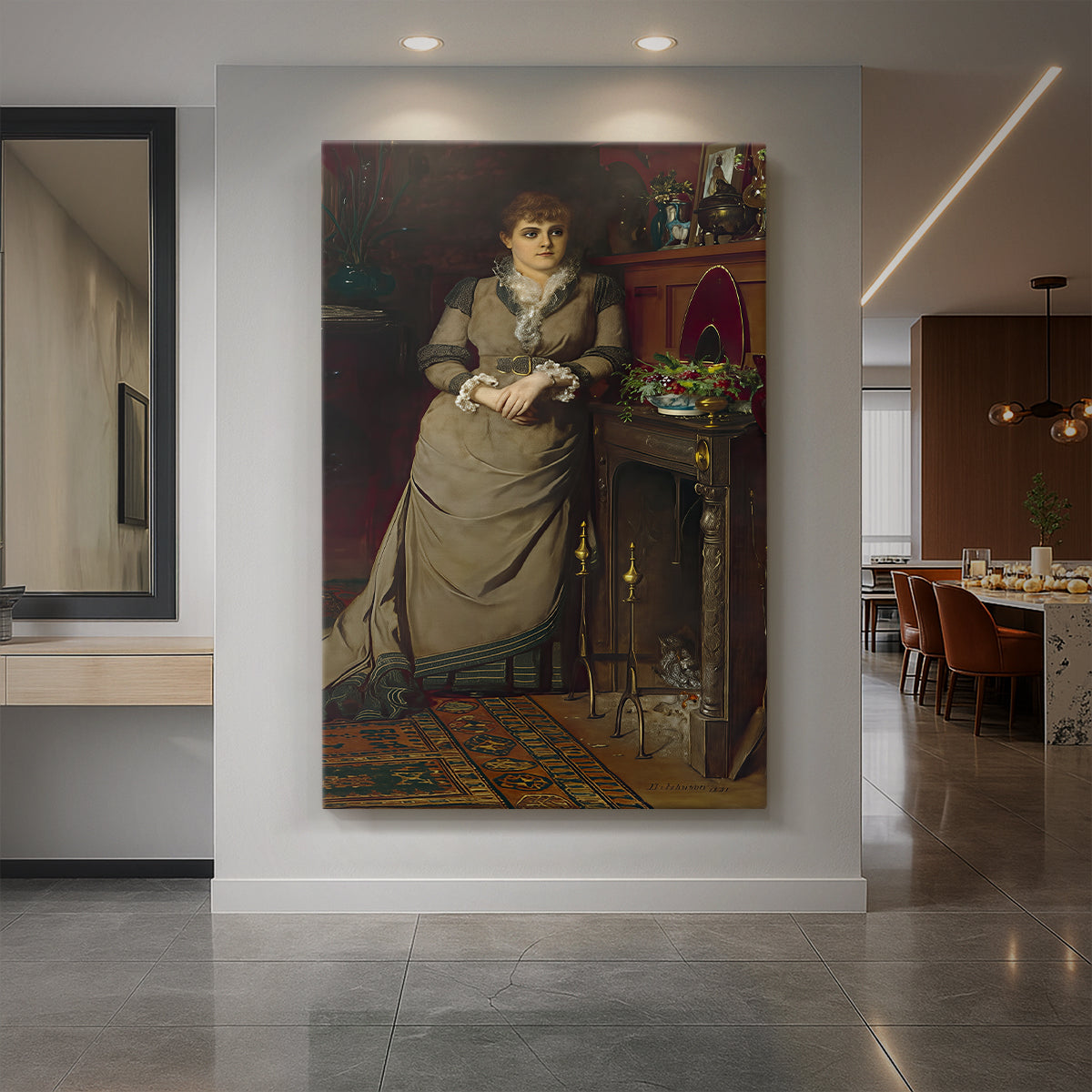 Canvas art print of a realistic portrait of a woman in formal attire with a composed expression displayed as a statement piece in a spacious interior.