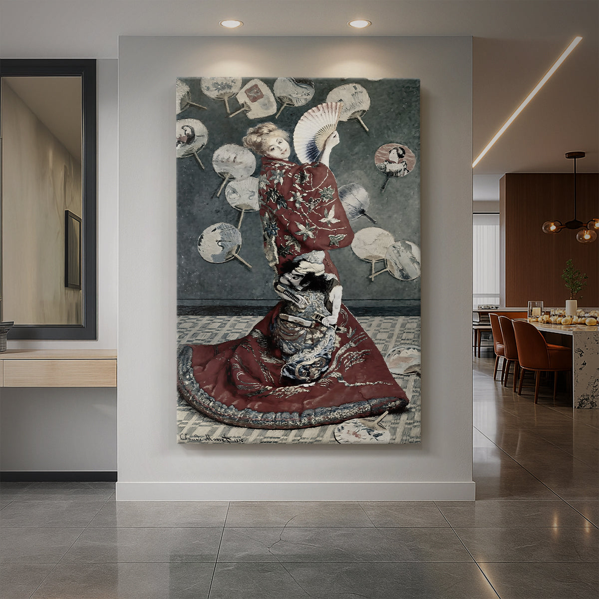 Canvas art print of an impressionist portrait of a woman in a Japanese costume with bold colors displayed as a statement piece in a spacious interior.