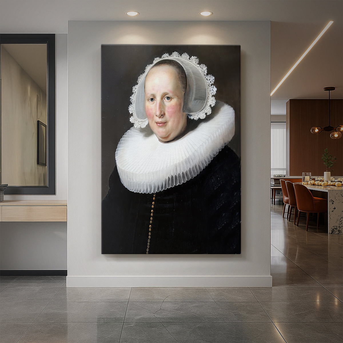 Canvas art print of a Baroque portrait of a woman in dark attire with soft warm light displayed as a statement piece in a spacious interior.