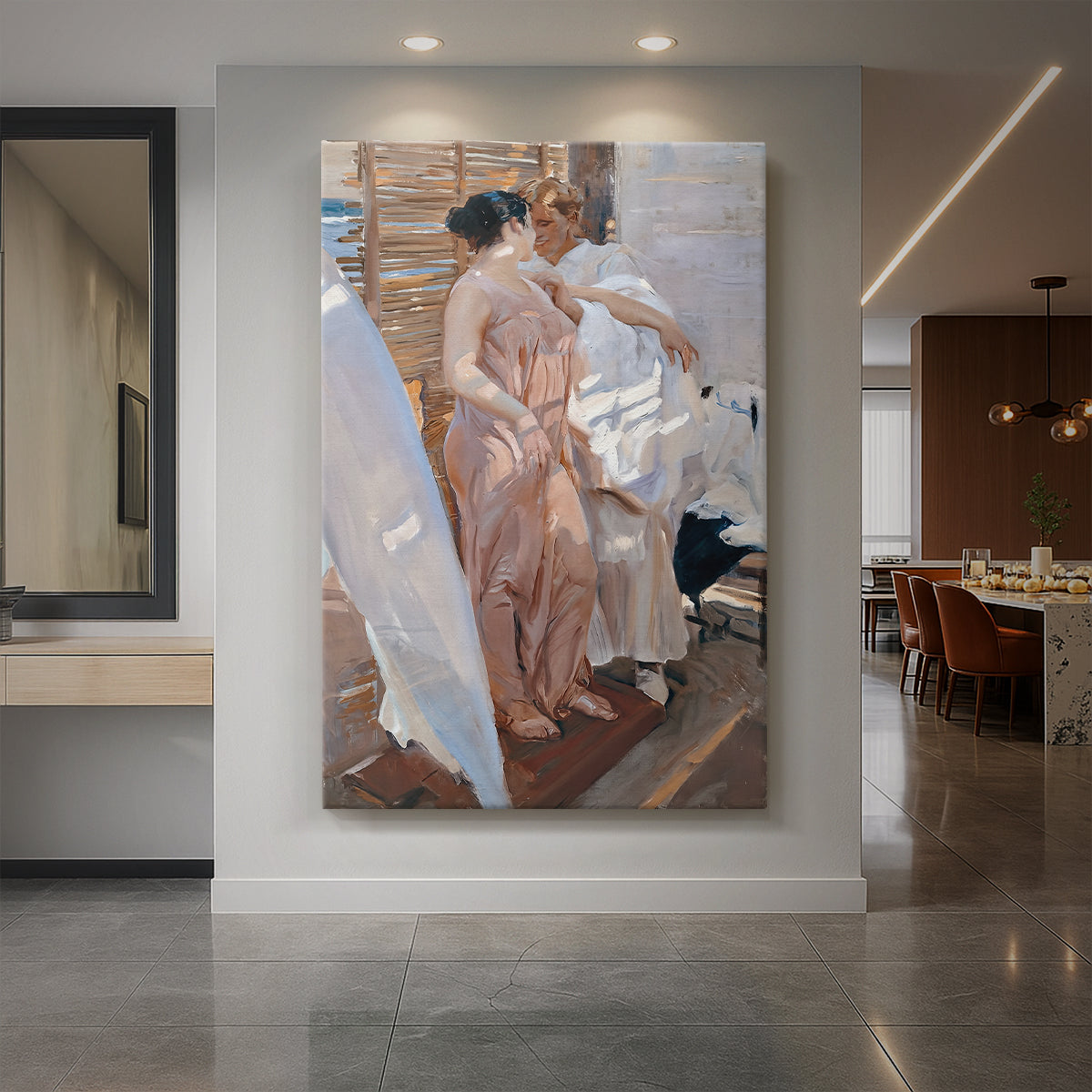 Canvas art print of an impressionist interior scene of a woman in a pink robe with soft light displayed as a statement piece in a spacious interior.