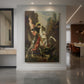 Canvas art print of a symbolic scene of a mounted figure confronting a dragon in a vivid setting displayed as a statement piece in a spacious interior.