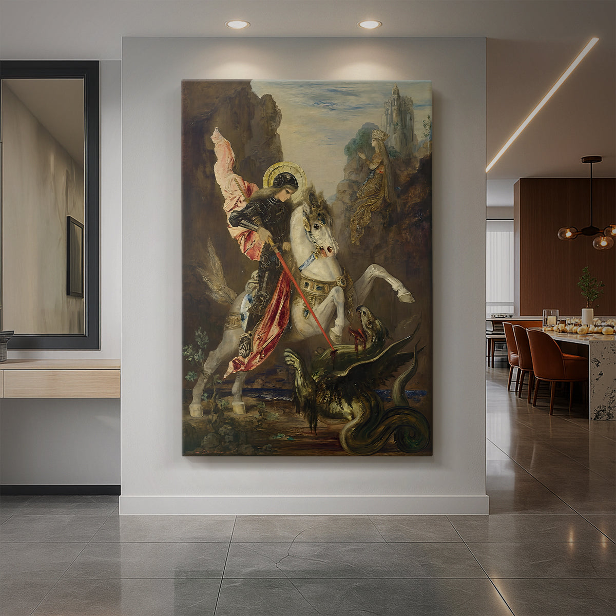 Canvas art print of a symbolic scene of a mounted figure confronting a dragon in a vivid setting displayed as a statement piece in a spacious interior.