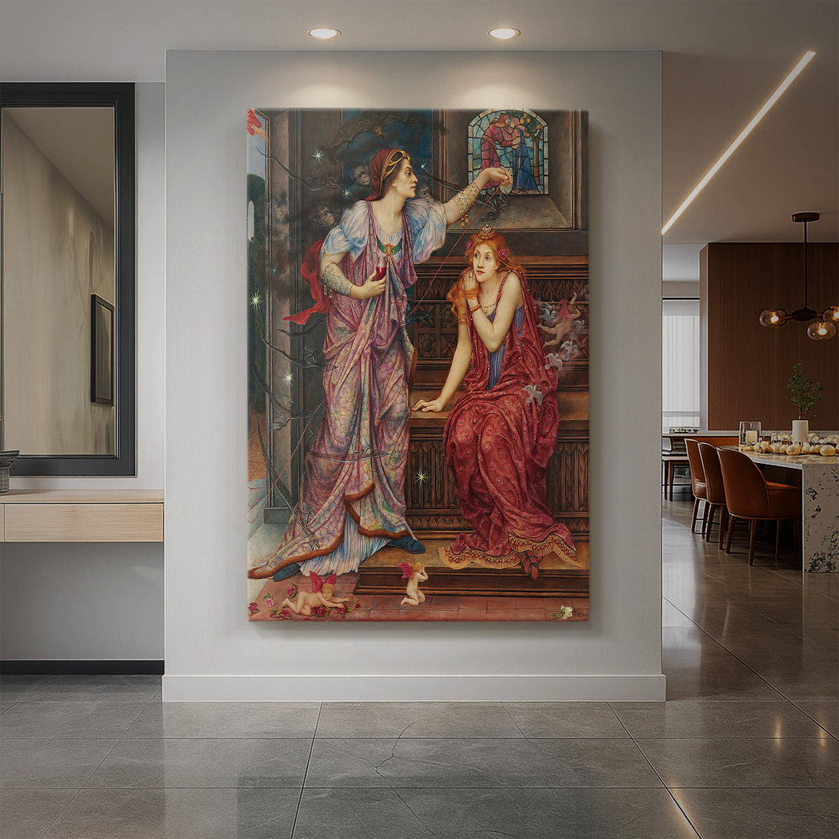 Canvas art print of a symbolic scene of two women in a richly detailed interior setting displayed as a statement piece in a spacious interior.