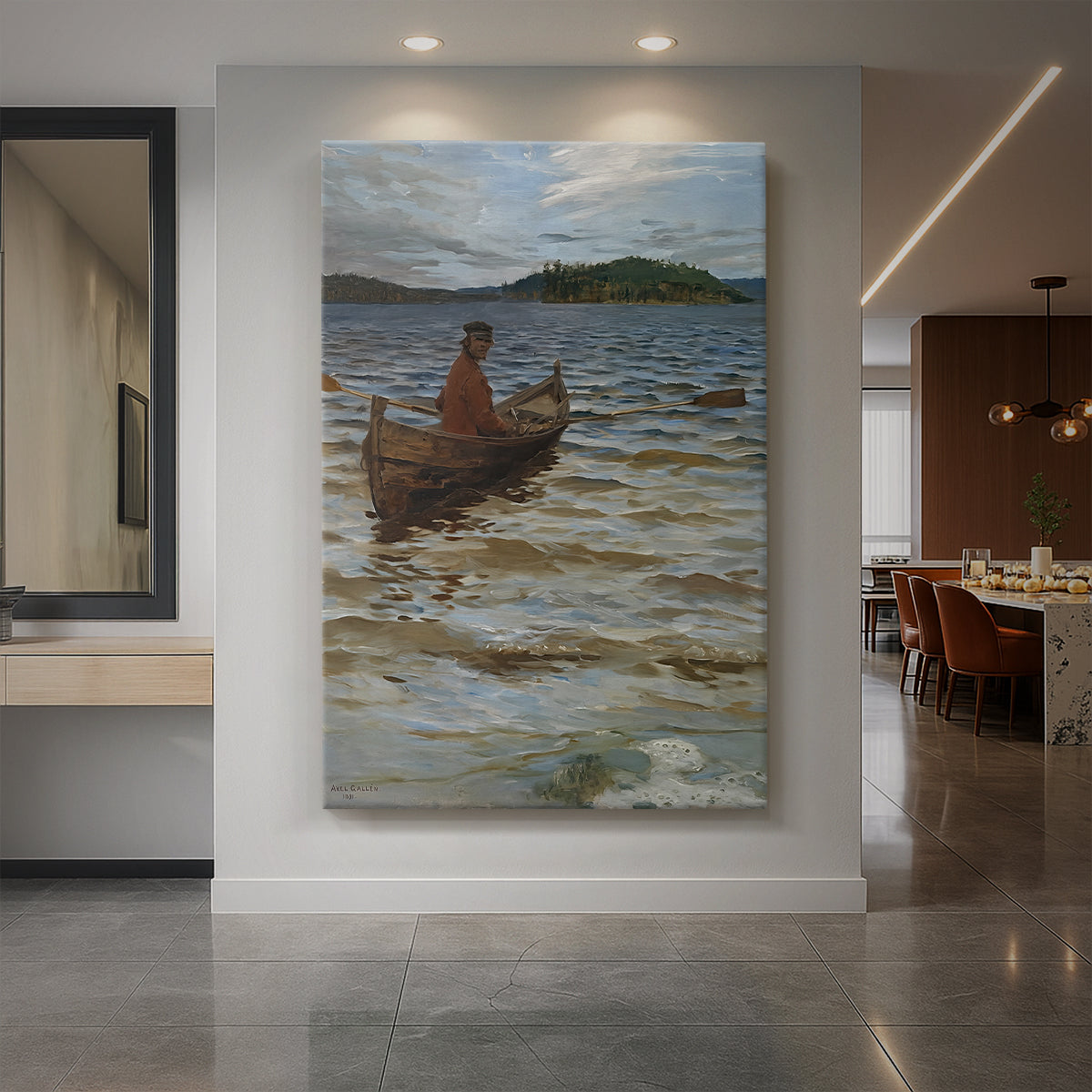 Canvas art print of a calm coastal scene with a small boat rowing toward the shoreline displayed as a statement piece in a spacious interior.
