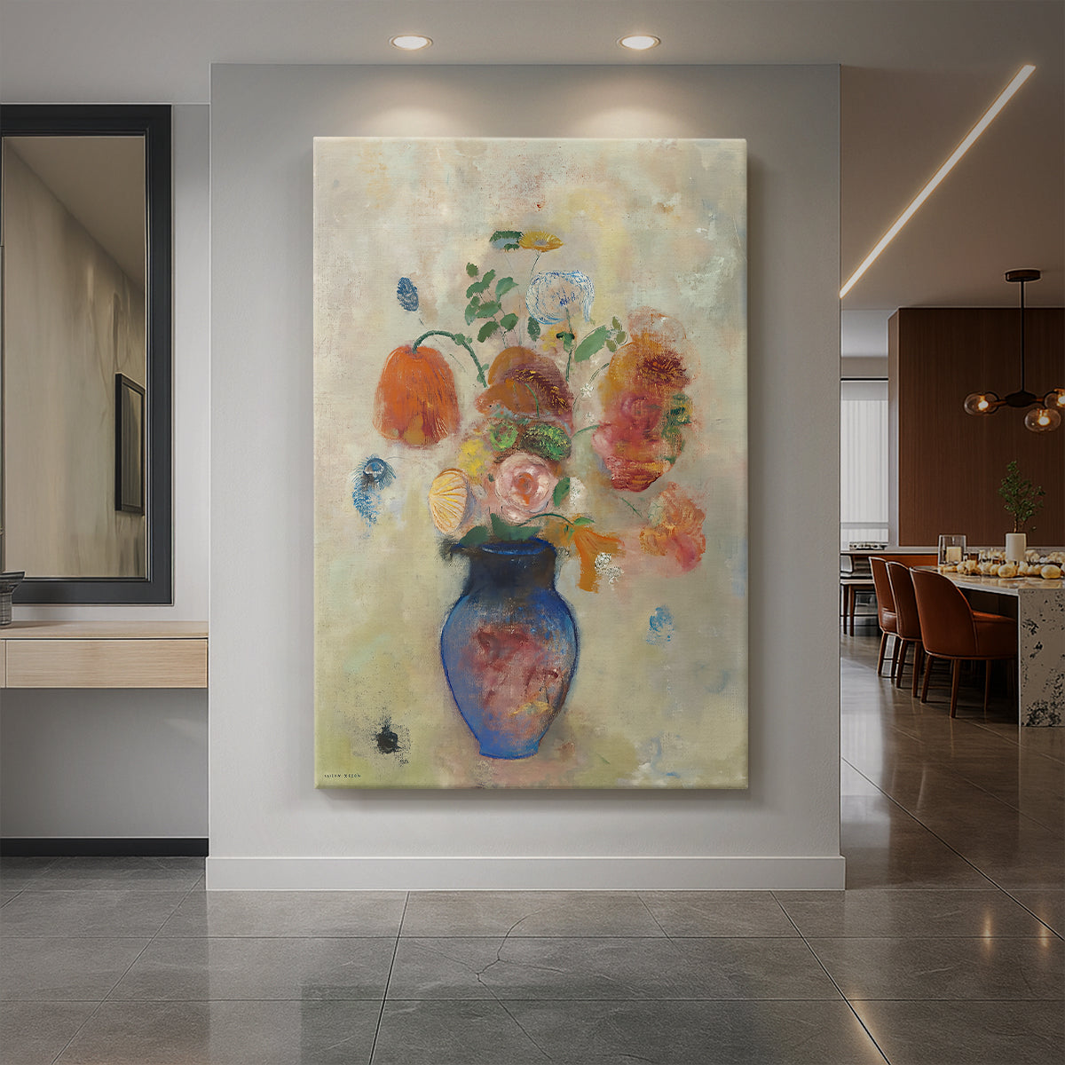 Canvas art print of a symbolic still life of flowers in a large vase with soft color transitions displayed as a statement piece in a spacious interior.