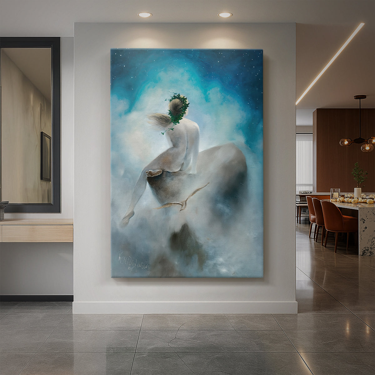 Canvas art print of a symbolic scene of a figure gazing upward beneath a glowing sky displayed as a statement piece in a spacious interior.