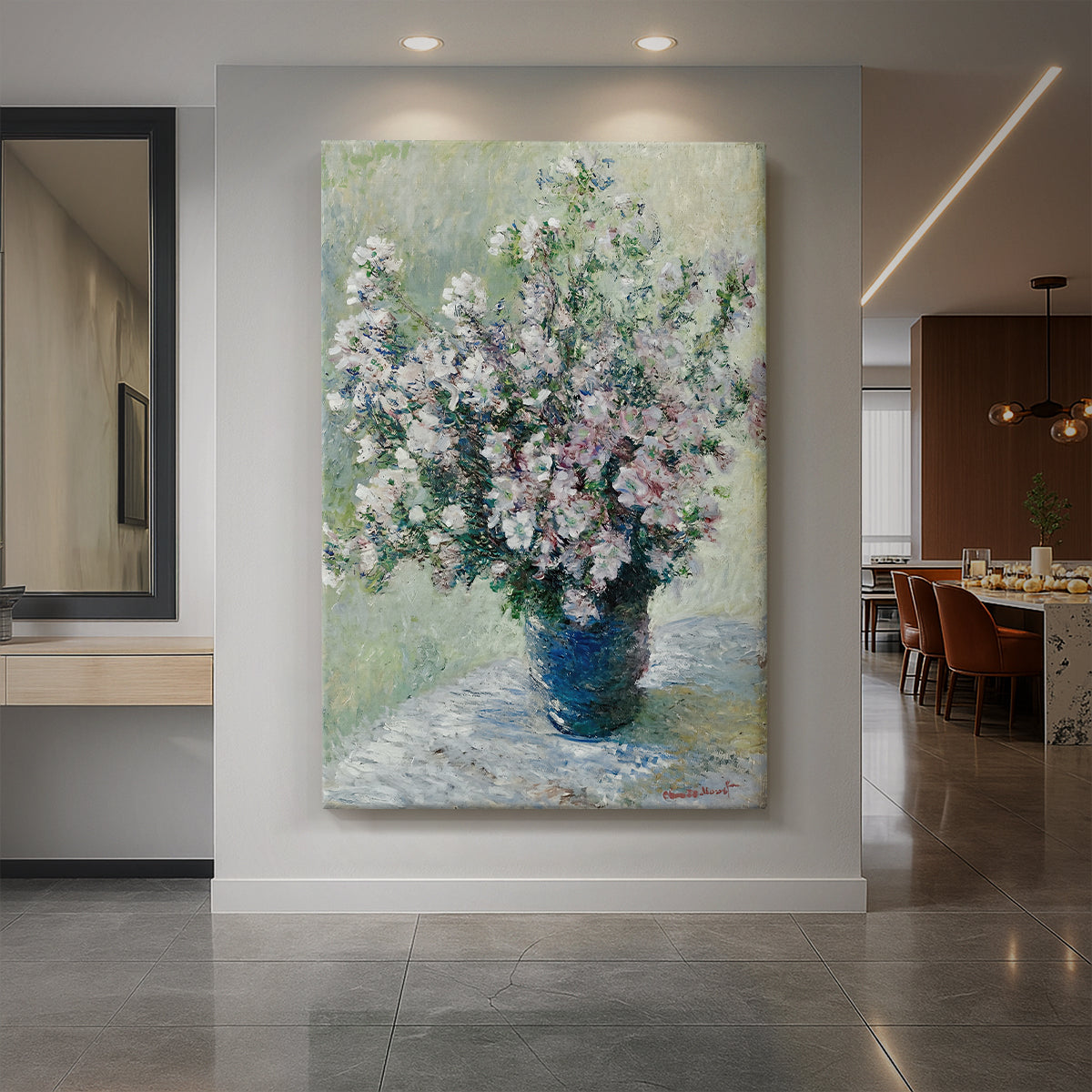 Canvas art print of an impressionist still life of flowers in a vase with soft blended colors displayed as a statement piece in a spacious interior.