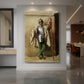 Canvas art print of a realistic portrait of a standing guard in uniform with fine detail displayed as a statement piece in a spacious interior.