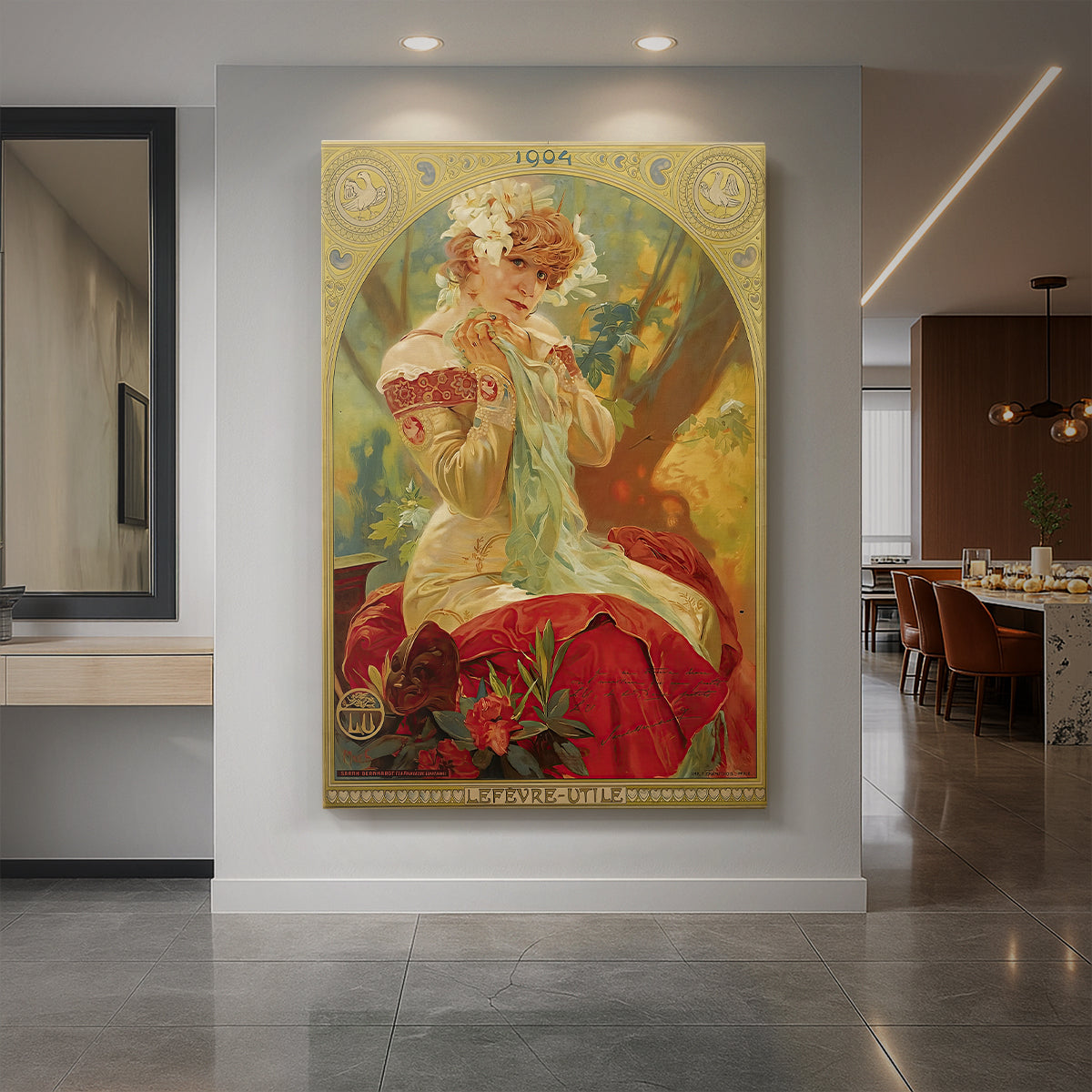 Canvas art print of an Art Nouveau portrait of Sarah Bernhardt with ornate decorative details displayed as a statement piece in a spacious interior.