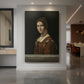 Canvas art print of a Renaissance portrait of a woman in profile with smooth tones and dark background displayed as a statement piece in a spacious interior.