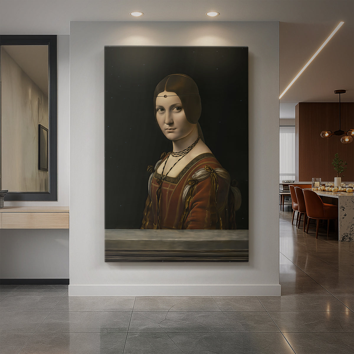 Canvas art print of a Renaissance portrait of a woman in profile with smooth tones and dark background displayed as a statement piece in a spacious interior.