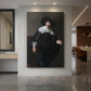 Canvas art print of a Baroque portrait of a man standing up from a chair in soft light displayed as a statement piece in a spacious interior.