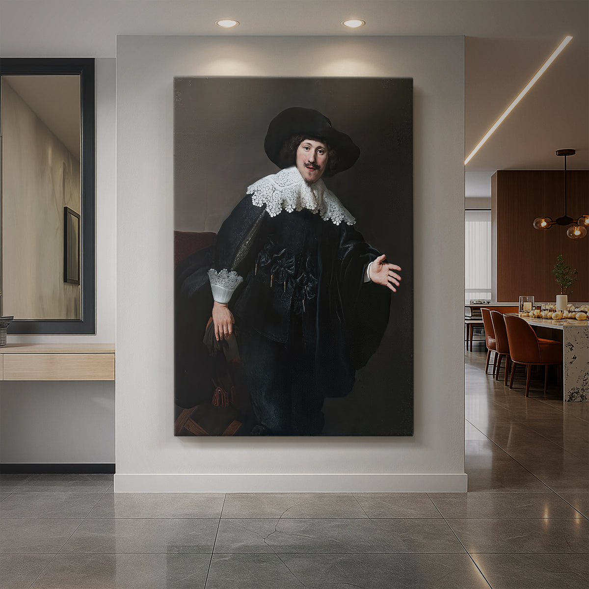 Canvas art print of a Baroque portrait of a man standing up from a chair in soft light displayed as a statement piece in a spacious interior.
