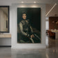 Canvas art print of an impressionist portrait of a woman in formal dress with soft natural light displayed as a statement piece in a spacious interior.