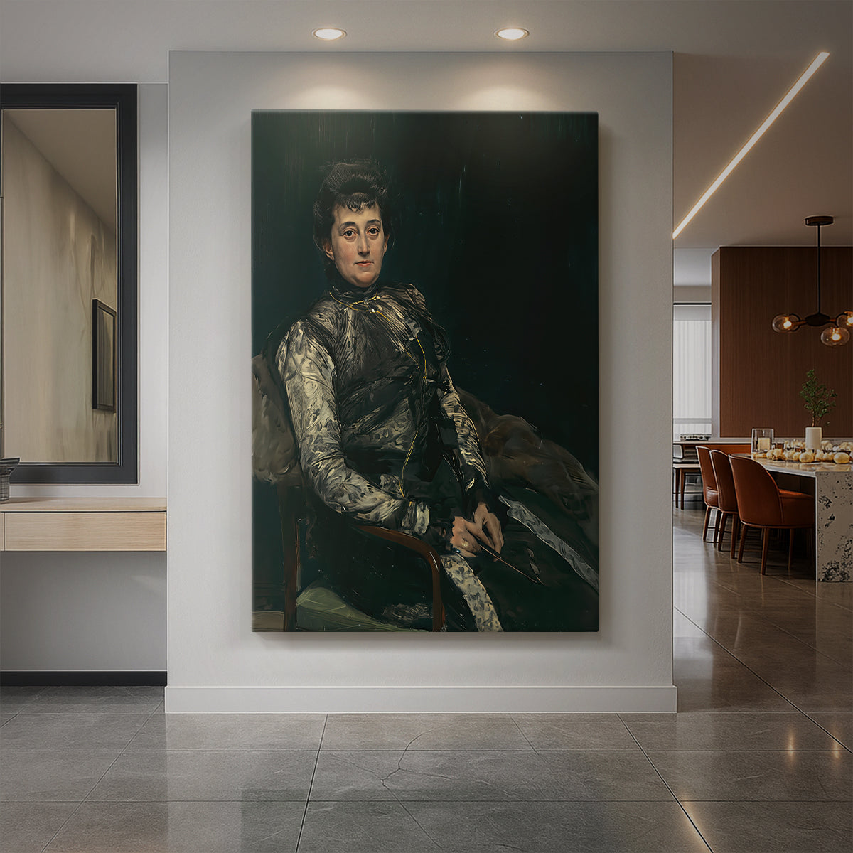 Canvas art print of an impressionist portrait of a woman in formal dress with soft natural light displayed as a statement piece in a spacious interior.