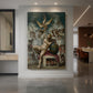 Canvas art print of a Renaissance allegorical scene of figures arranged around a central form displayed as a statement piece in a spacious interior.