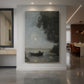 Canvas art print of a tranquil night landscape with a lake under soft moonlight displayed as a statement piece in a spacious interior.