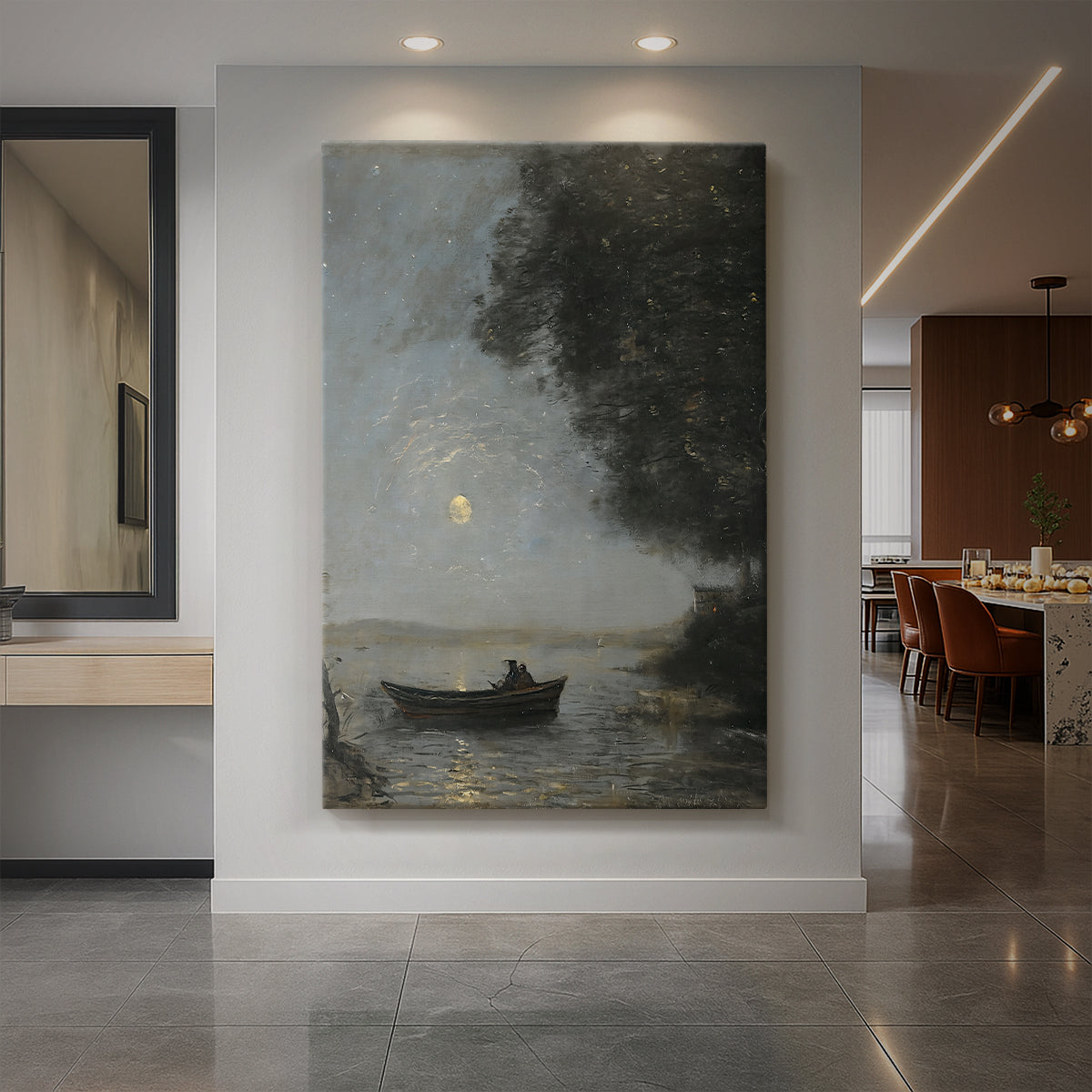 Canvas art print of a tranquil night landscape with a lake under soft moonlight displayed as a statement piece in a spacious interior.