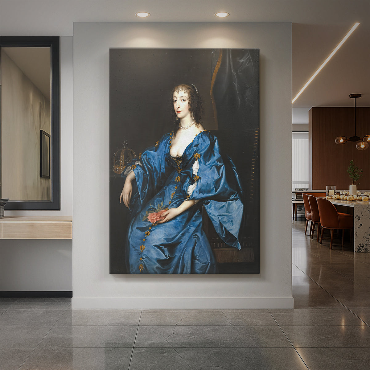 Canvas art print of a Baroque portrait of a queen in elegant attire with soft refined lighting displayed as a statement piece in a spacious interior.