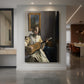 Canvas art print of a Baroque portrait of a woman playing a guitar in a softly lit interior displayed as a statement piece in a spacious interior.