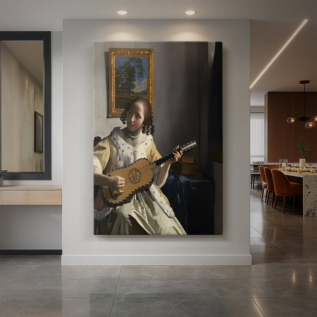Canvas art print of a Baroque portrait of a woman playing a guitar in a softly lit interior displayed as a statement piece in a spacious interior.