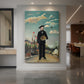 Canvas art print of a naïve-style self-portrait of a man standing before a stylized city and landscape displayed as a statement piece in a spacious interior.