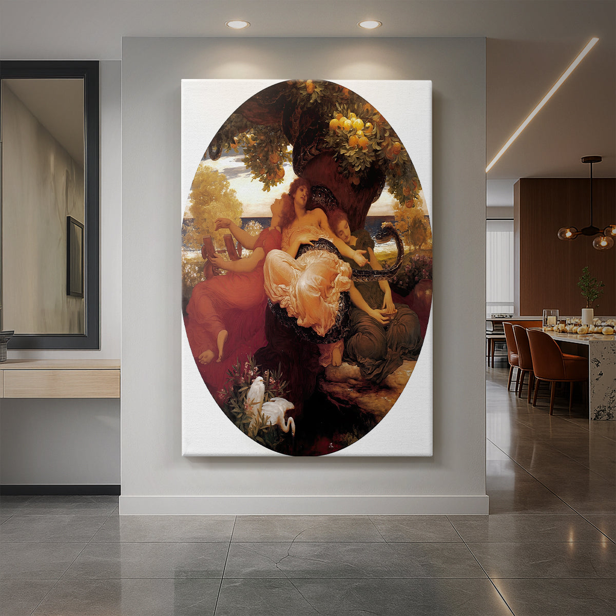 Canvas art print of a classical scene of women gathered in a lush garden with warm tones displayed as a statement piece in a spacious interior.