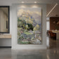 Canvas art print of a realistic landscape of a hilltop fortress overlooking a town and surrounding terrain displayed as a statement piece in a spacious interior.