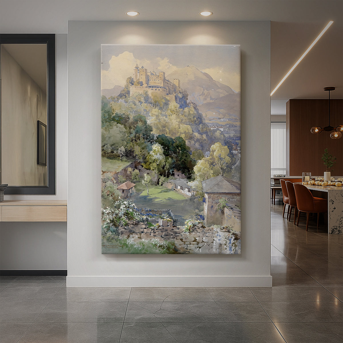 Canvas art print of a realistic landscape of a hilltop fortress overlooking a town and surrounding terrain displayed as a statement piece in a spacious interior.