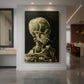 Canvas art print of an expressive study of a skeleton smoking with bold contrast and dark tones displayed as a statement piece in a spacious interior.