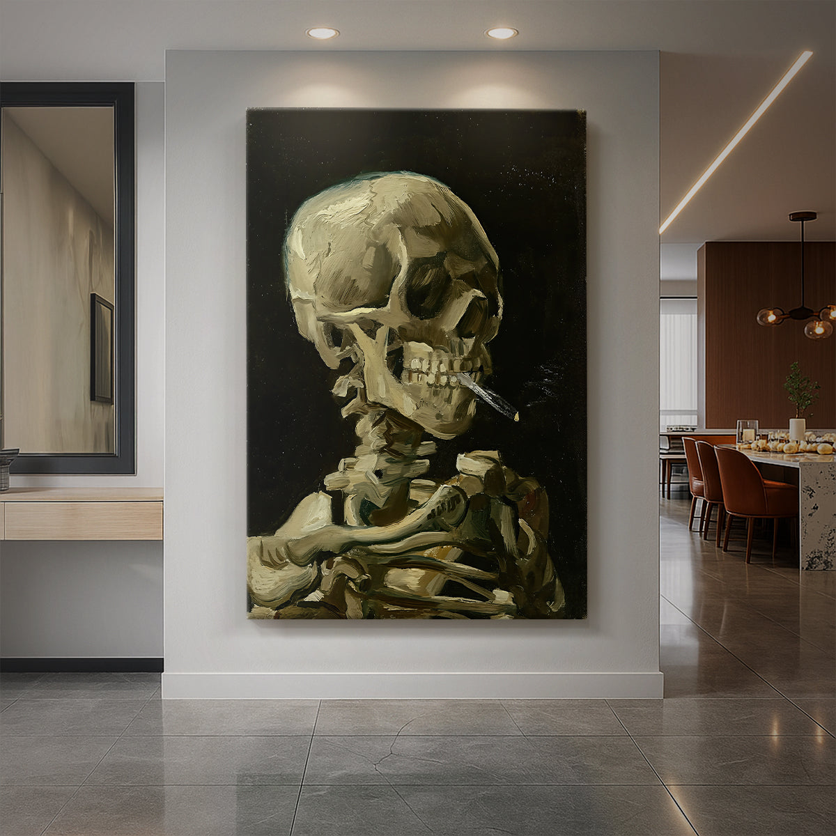 Canvas art print of an expressive study of a skeleton smoking with bold contrast and dark tones displayed as a statement piece in a spacious interior.