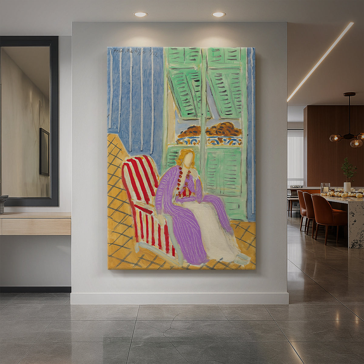 Canvas art print of a fauvist portrait of a seated woman in a violet robe with patterned surroundings displayed as a statement piece in a spacious interior.