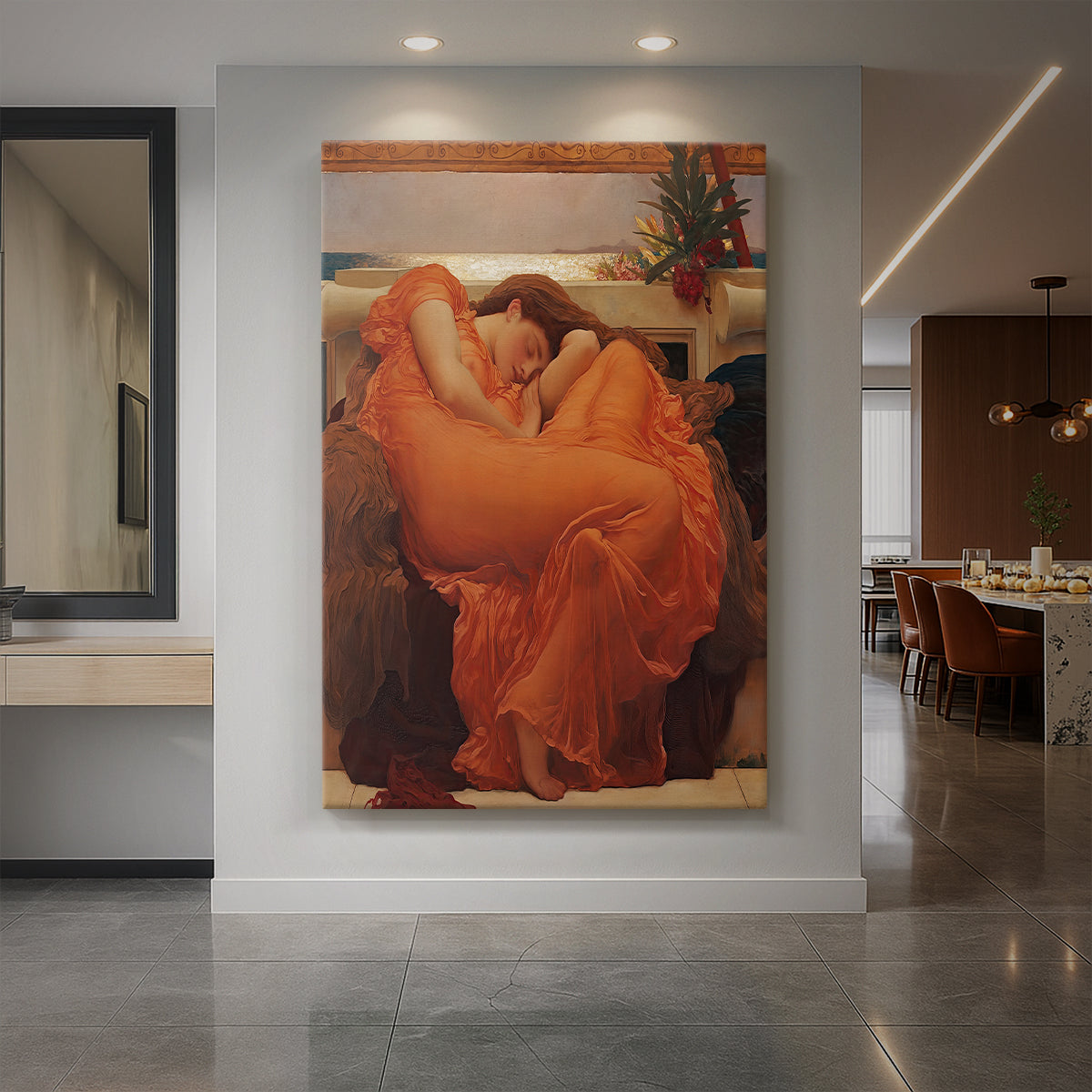 Canvas art print of a classical portrait of a sleeping woman in a flowing orange dress displayed as a statement piece in a spacious interior.