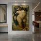 Canvas art print of a symbolic portrait of a cherubic figure with soft tones and rounded form displayed as a statement piece in a spacious interior.