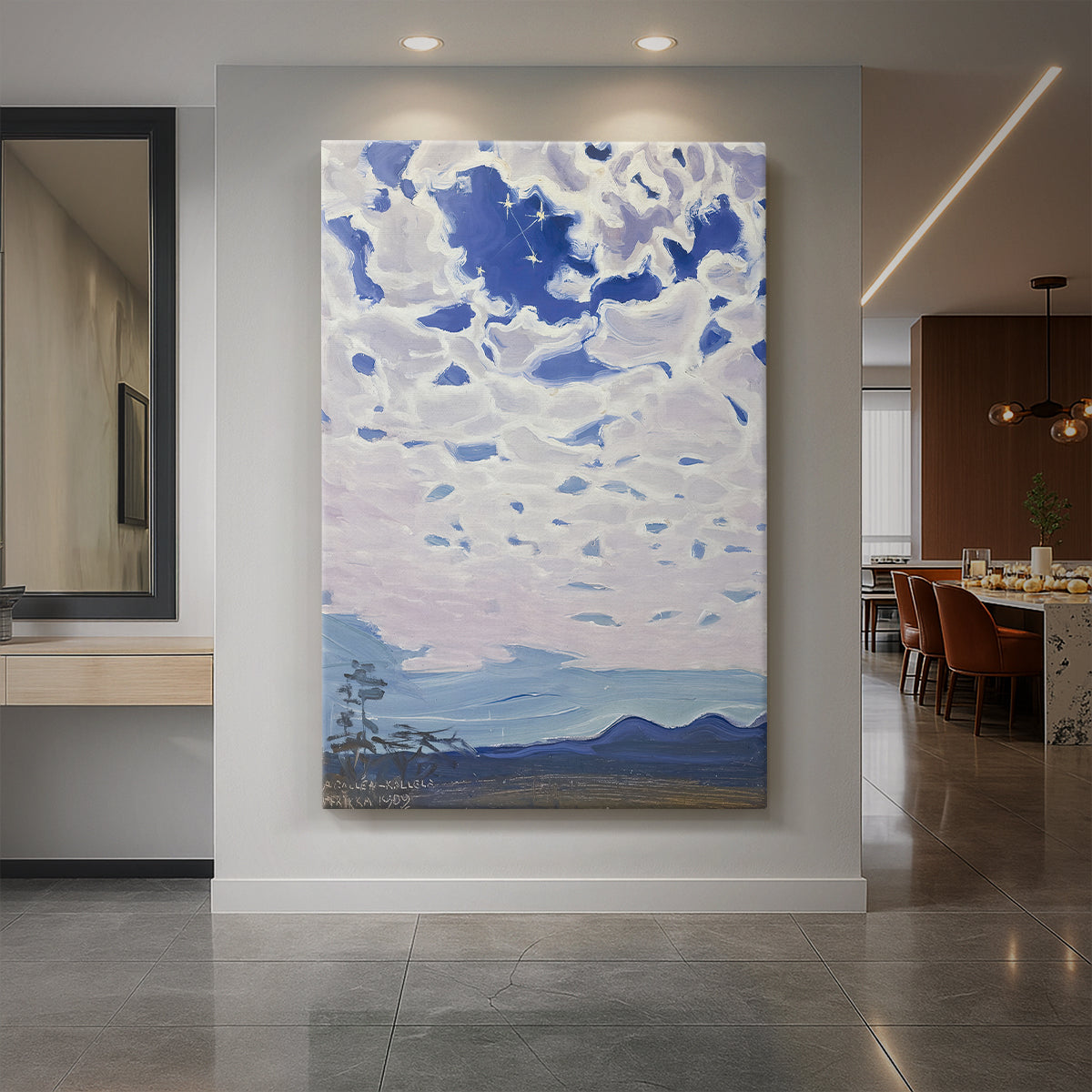 Canvas art print of a night landscape with the Southern Cross shining over a distant horizon displayed as a statement piece in a spacious interior.