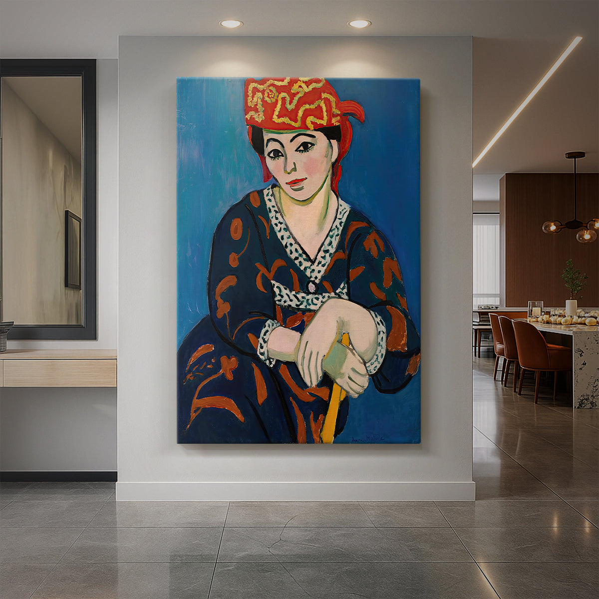 Canvas art print of a fauvist portrait of a woman wearing a red patterned headdress displayed as a statement piece in a spacious interior.