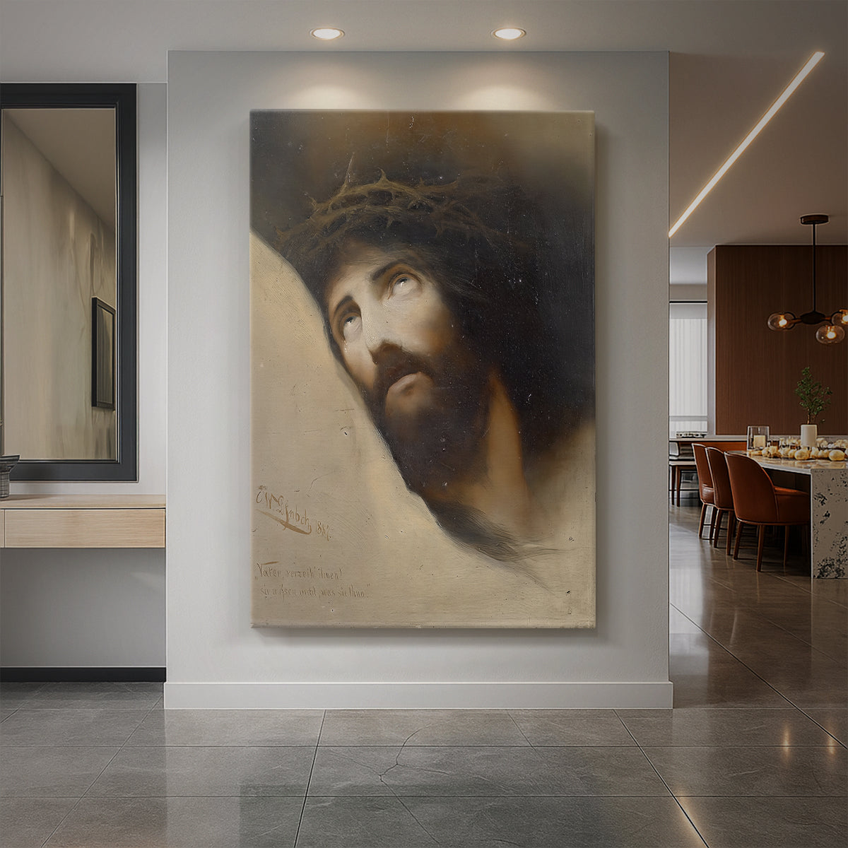 Canvas art print of a symbolic portrait of a figure with bowed head in soft, glowing light displayed as a statement piece in a spacious interior.