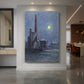 Canvas art print of a neo-impressionist scene of a factory under moonlight with glowing sky displayed as a statement piece in a spacious interior.