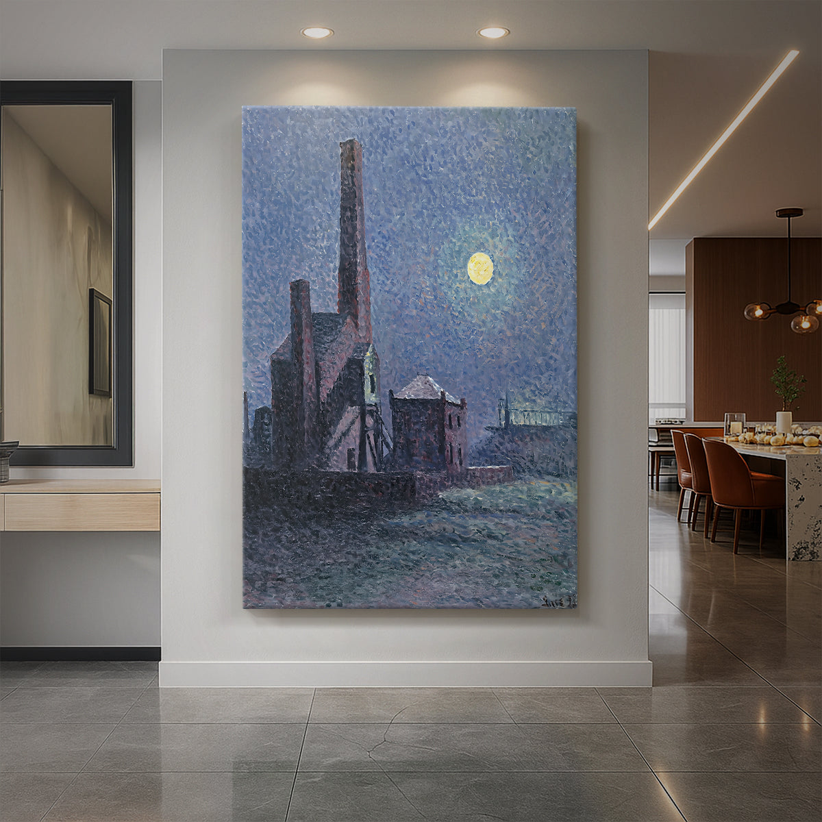 Canvas art print of a neo-impressionist scene of a factory under moonlight with glowing sky displayed as a statement piece in a spacious interior.