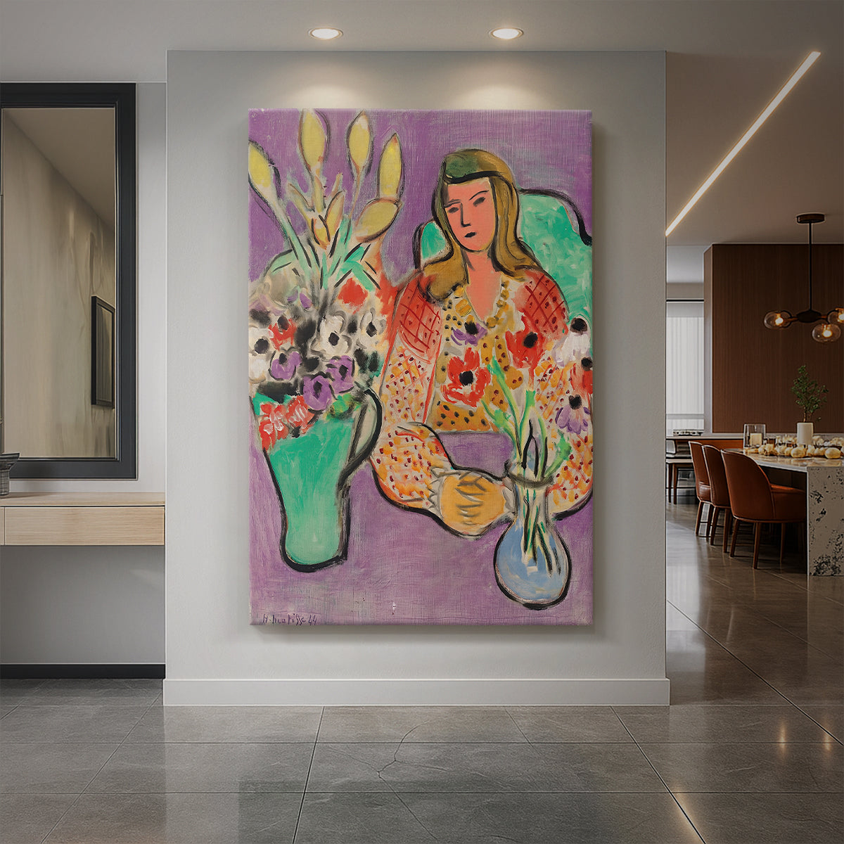 Canvas art print of a fauvist portrait of a girl holding flowers against a purple background displayed as a statement piece in a spacious interior.