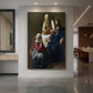 Canvas art print of a Baroque scene of figures in a biblical interior with soft light displayed as a statement piece in a spacious interior.