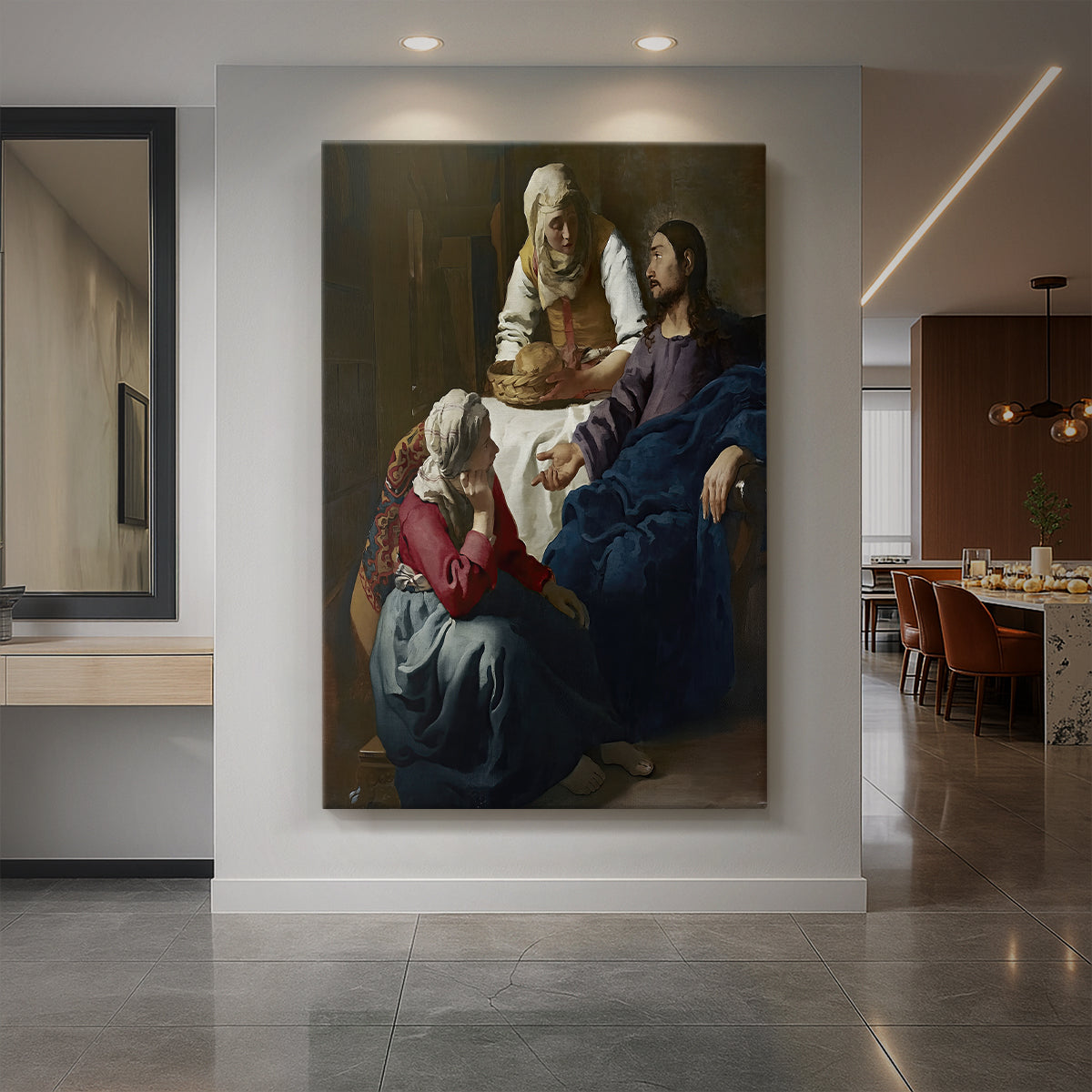 Canvas art print of a Baroque scene of figures in a biblical interior with soft light displayed as a statement piece in a spacious interior.