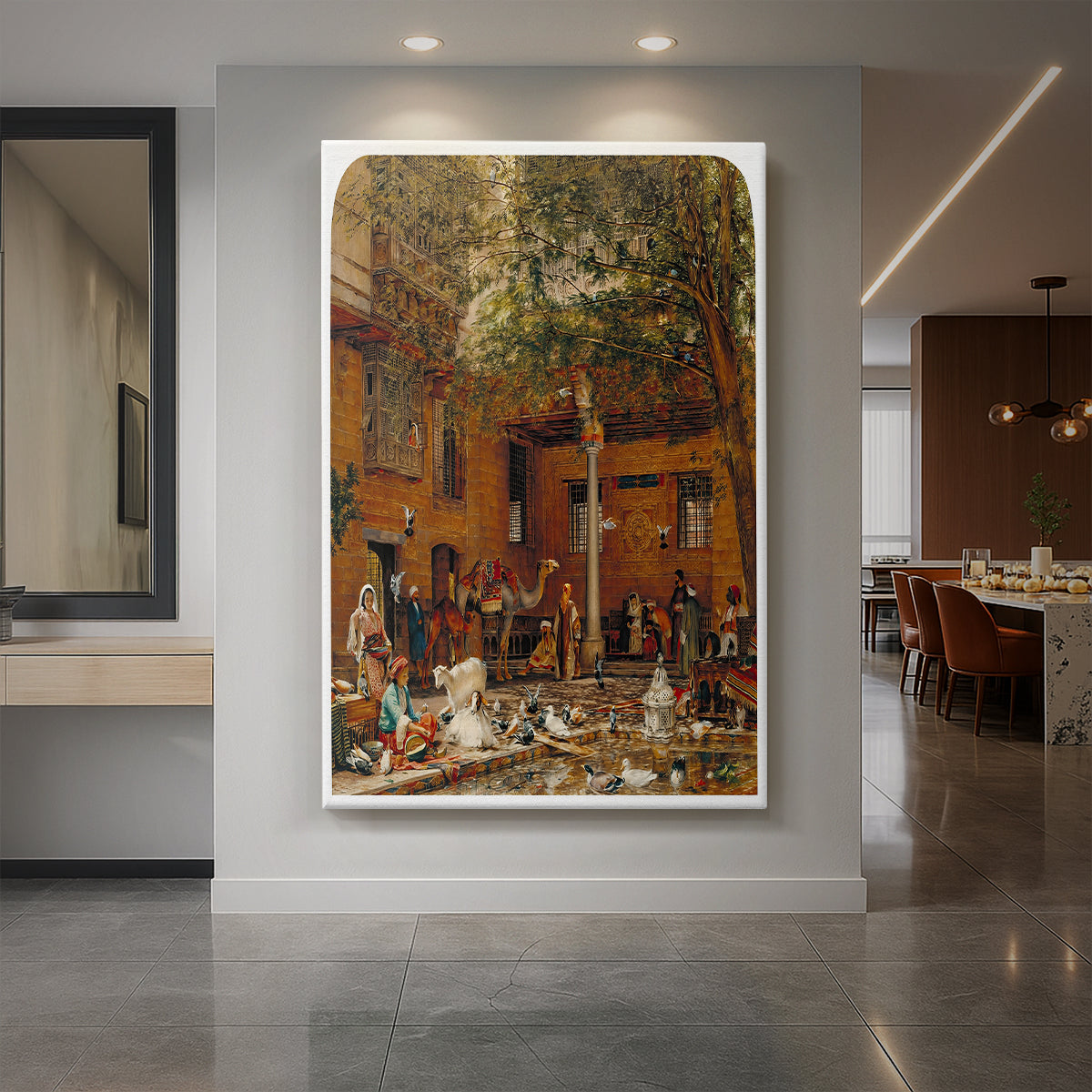 Canvas art print of a detailed courtyard scene with figures in traditional dress and ornate architecture displayed as a statement piece in a spacious interior.