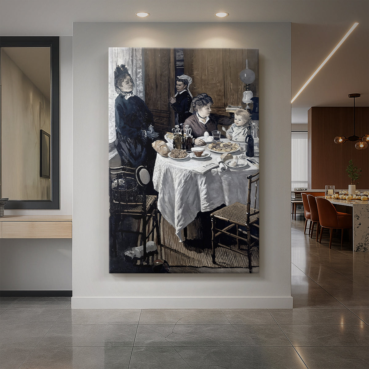 Canvas art print of an impressionist interior scene of figures gathered around a dining table displayed as a statement piece in a spacious interior.