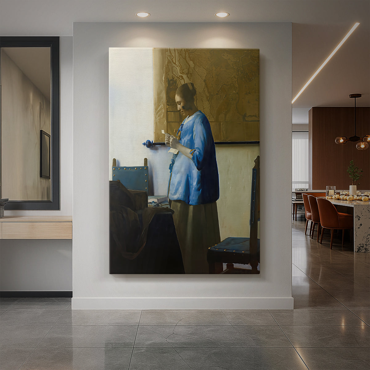 Canvas art print of a Baroque interior of a woman reading a letter in a blue dress displayed as a statement piece in a spacious interior.