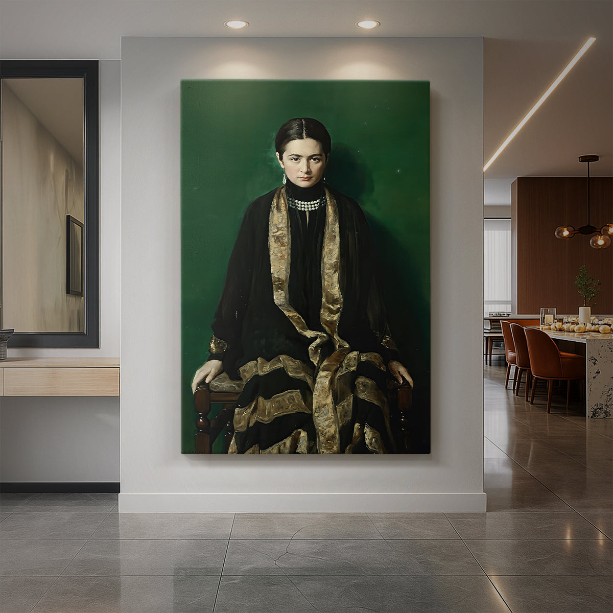 Canvas art print of a Victorian portrait of a woman in dark attire with composed expression displayed as a statement piece in a spacious interior.