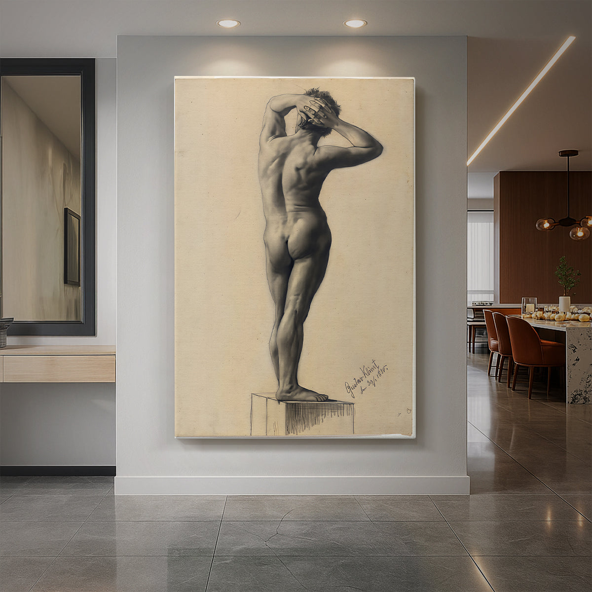 Canvas art print of a figure study of a standing male nude with soft lines and minimal detail displayed as a statement piece in a spacious interior.