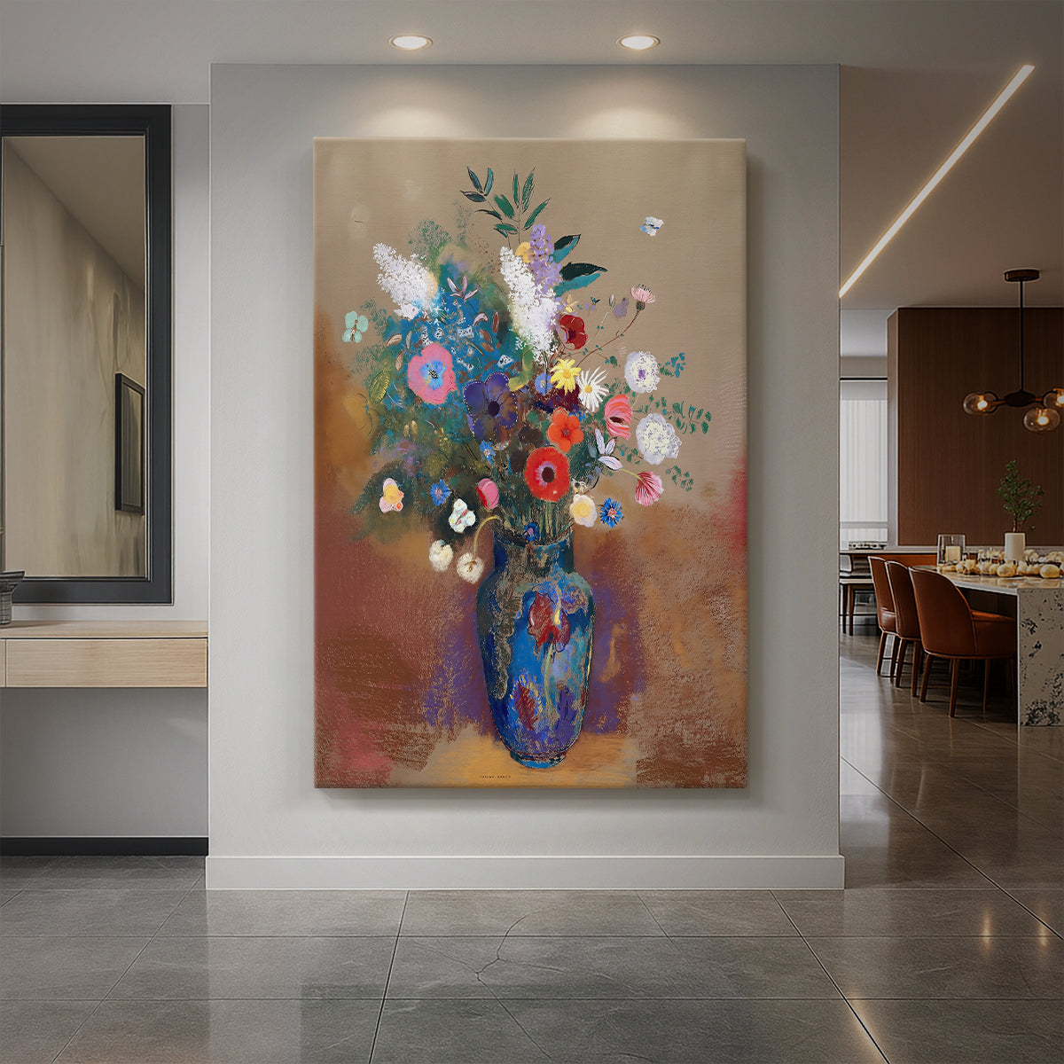 Canvas art print of a symbolic still life of a colorful bouquet with soft blending tones displayed as a statement piece in a spacious interior.